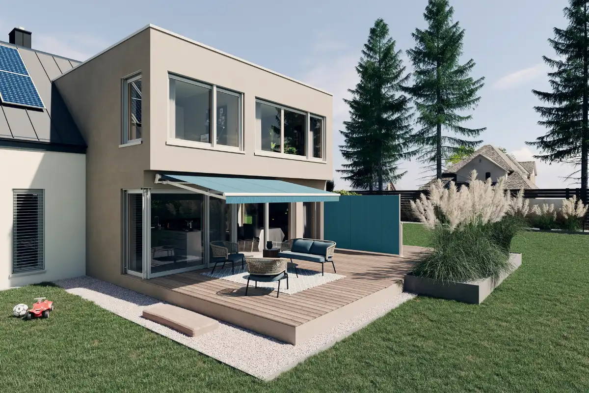 Blaue Gelenkarmmarkise Modernes Einfamilienhaus mit blauer Terrassenmarkise und seitlichem Sicht- und Windschutz